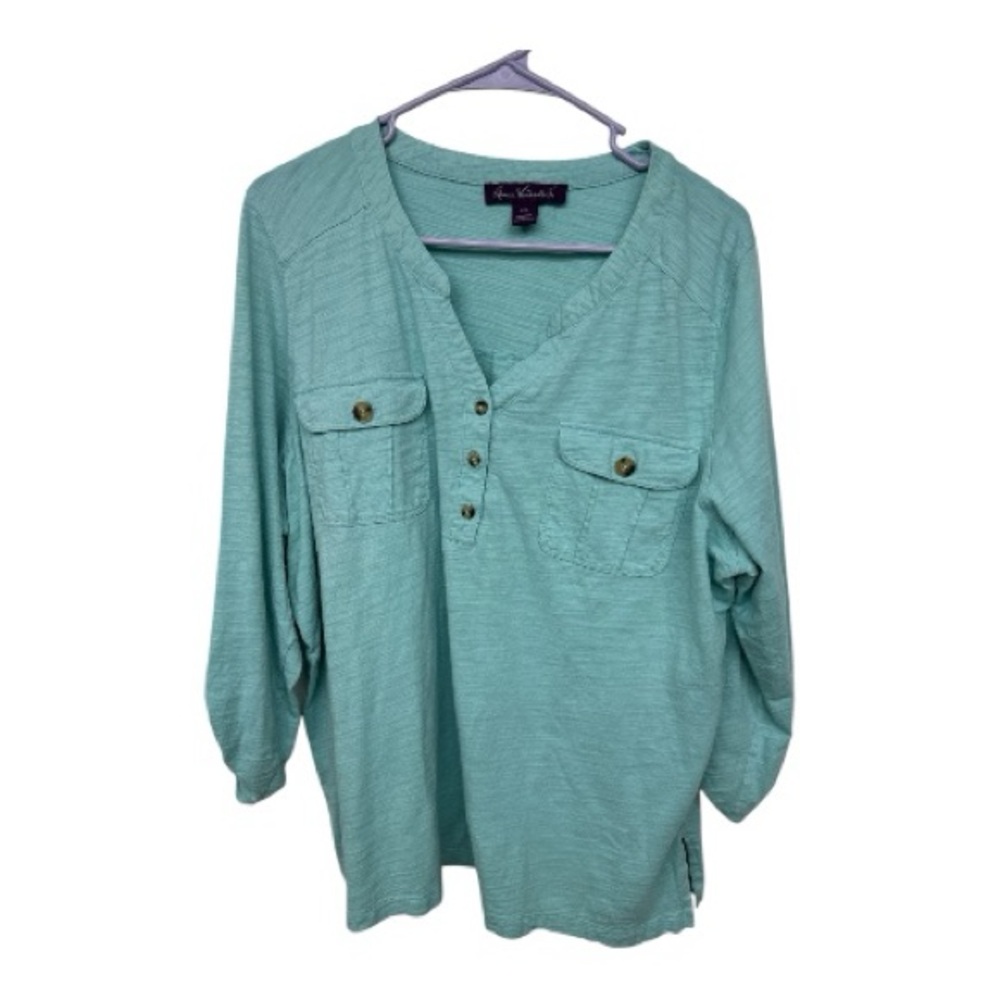 Gloria Vanderbilt Women's Aqua Roll Tab Sleeve Henley Top Size XXL